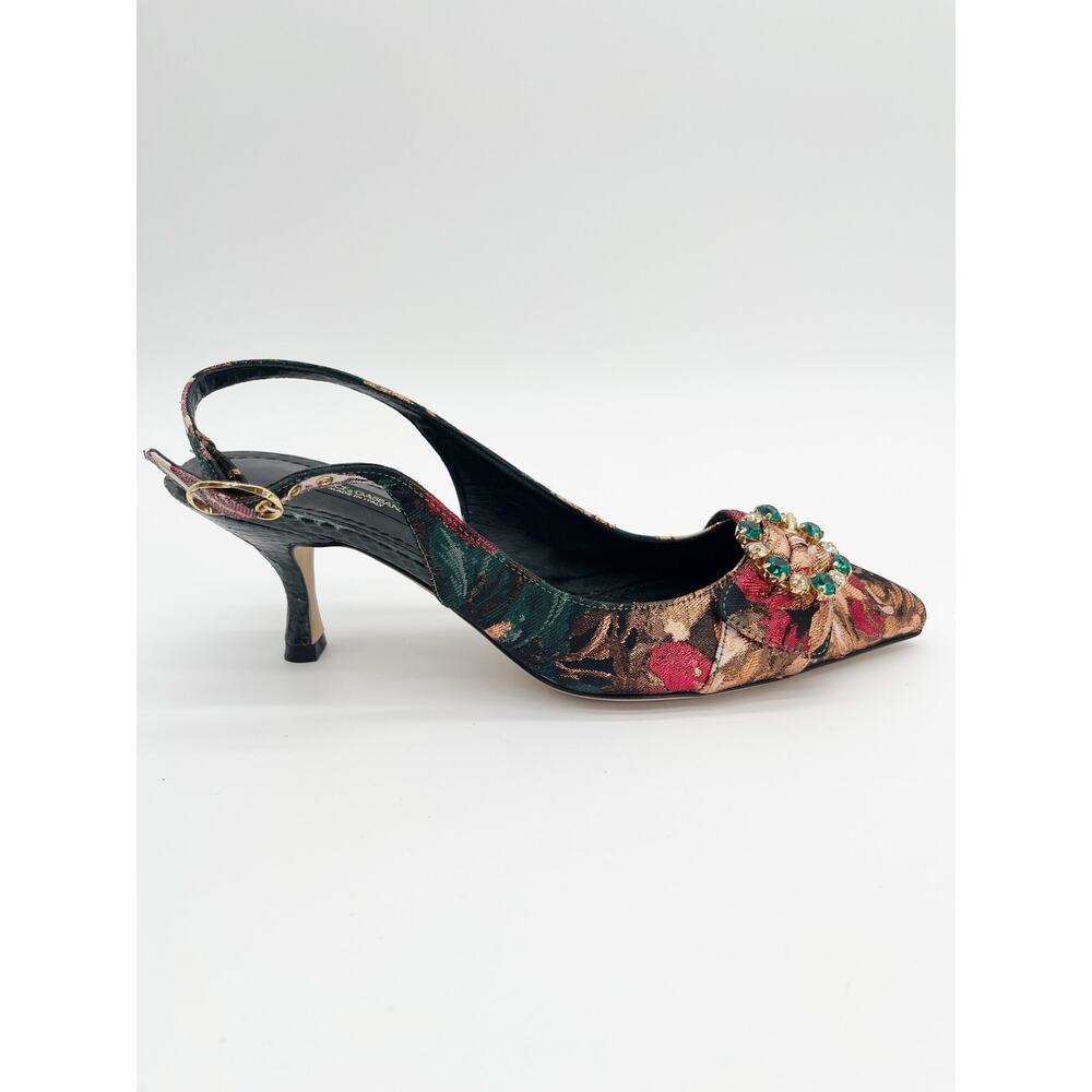 Dolce & Gabbana Floral Brocade Crystal Pointed Toe Slingback Heels IT 37 - Picture 3 of 13
